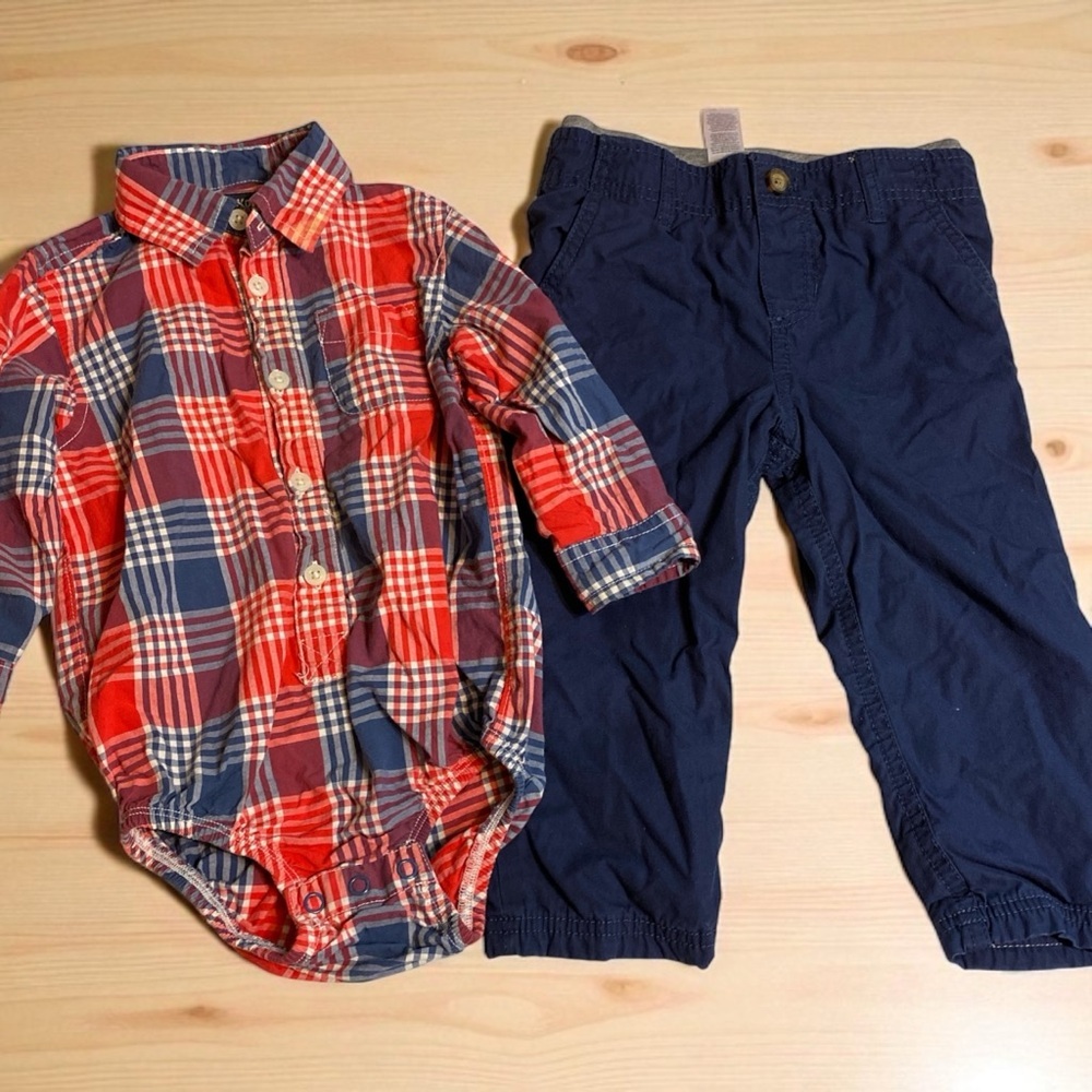 OshKosh B'gosh Red and Blue Plaid Button Down Shirt & lined Pants 24 month